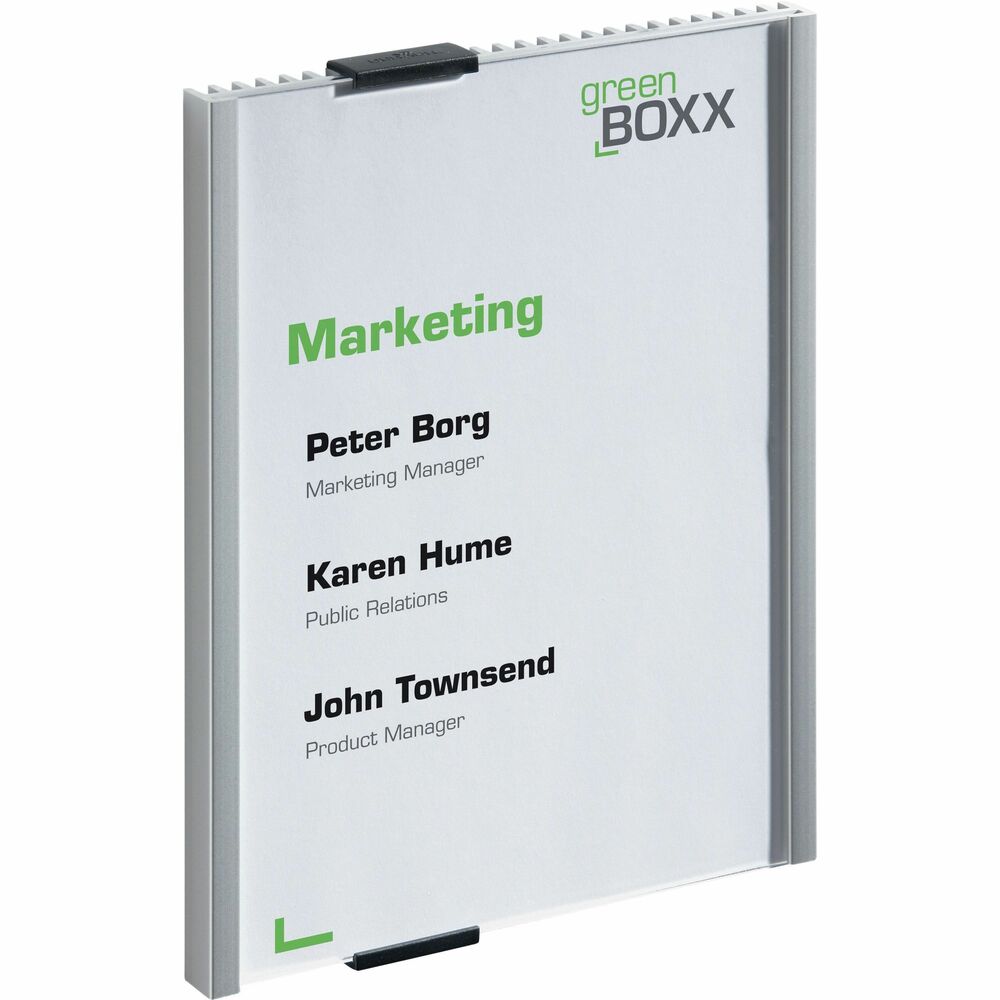 DBL480323 - Information sign features a removable top clip for instant updates whenever changes occur. Clear acrylic panel completely showcases your insert for excellent visibility. Aluminum back plate is pre-drilled for easy wall mounting with the included screws and anchors. Plus, adhesive disks provide another way to mount the sign. The elegant back ribs form an attractive design that complements all decors. Use the free, online insert-formatting software to make professional style signs. Sign is compatible with Durable, printable replacement insert packs (sold separately).