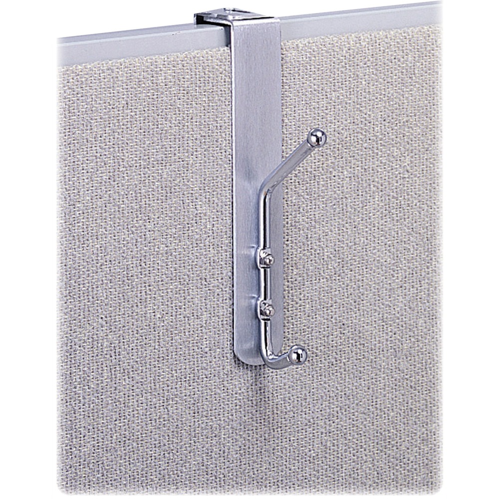 SAF4167 - Save space and reduce clutter with this over-the-panel coat hook. The satin aluminum base with chrome steel hooks creates instant garment organization in cubicles. Double steel hook with ball tips prevents damage to garments. Adjustable coat hook is designed to slip over panels 1-1/2" to 3-3/4" thick. Each hook holds 10 lb.