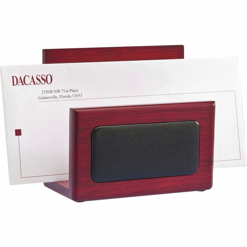 DACA8008 - Letter Holder features a wooden design with a top-grain leather inlay to keep your letters beautifully organized. Rubberized, foam dots protect surfaces from damage. Open-end design accepts envelopes of any length.