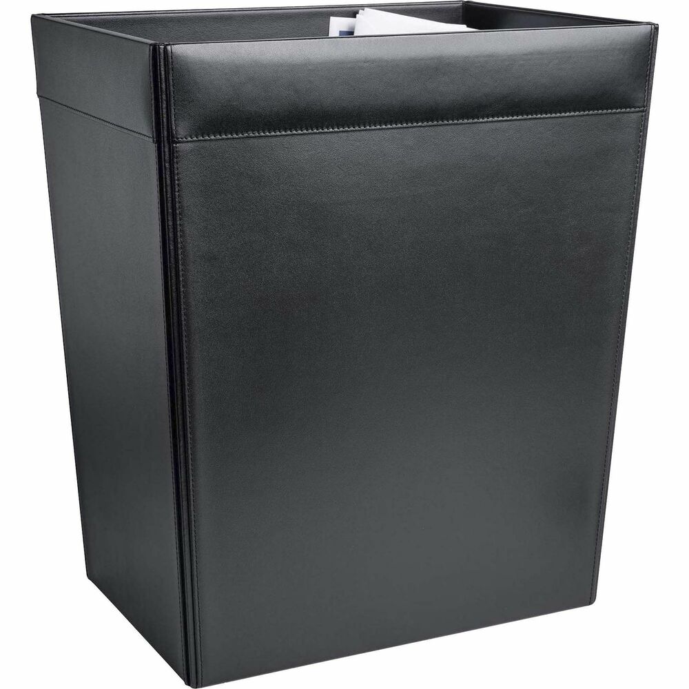 DACA1032 - Classic Black Leather Waste Basket features a top-grain leather rim combined with a faux-leather body and interior lining to complement the polished, professional look of your room. The bottom is lined with soft velveteen to protect surfaces from scuffs and scratches. 32-quart capacity fits 13-gallon trash bags (not included). Wastebasket coordinates with Dacasso's line of conference room items and leather desk accessories. It's perfect for any office, conference room, study room, hotel and more.