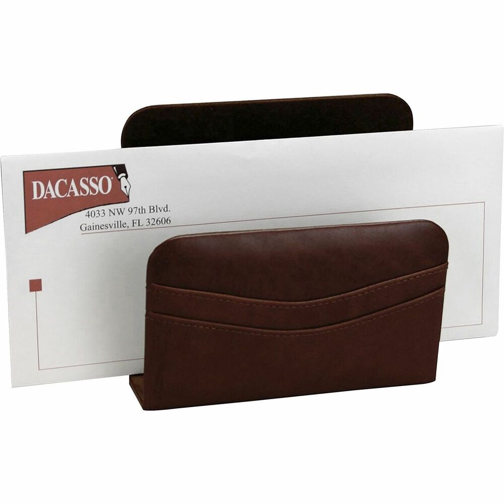 DACA3008 - Letter Holder is beautifully made with decorative stitching across the front to make a subtle statement that works in any decor. Top-grain leather adds professional style to any work space. Soft velveteen protects surfaces from scuffs and scratches. Open-end design accepts envelopes of any length.