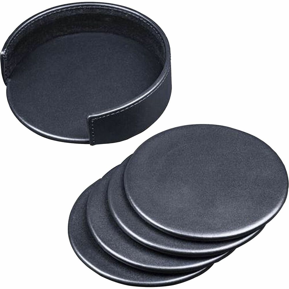 DACA1045 - Classic Black Leather Round Coaster Set features a holder with an open front to keep the 4" coasters together when they're not in use. Top-grain leather adds professional style to any work space. The bottom is lined with soft velveteen to protect surfaces from scuffs and scratches. Wrapped-edge design offers greater durability for lasting use.