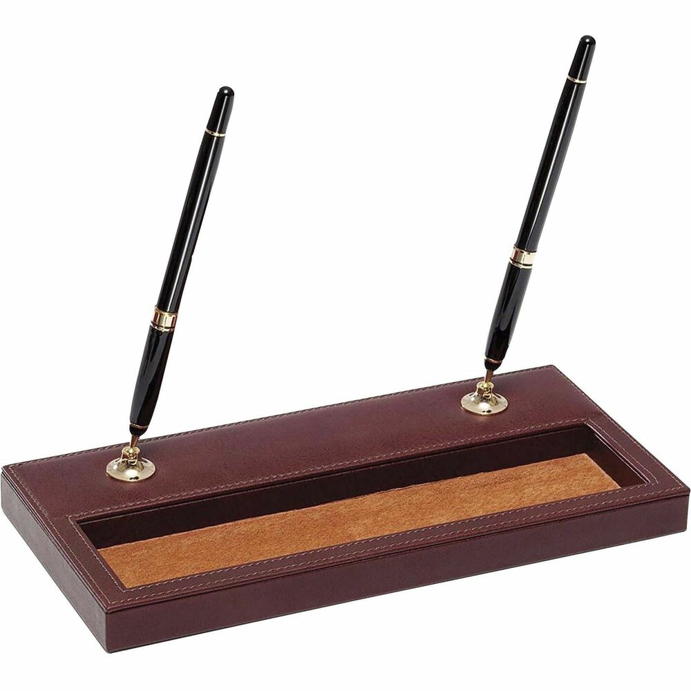 DACA3004 - Double Pen Stand features decorative stitching to deliver a classy look. Top-grain leather adds professional style to any work space. Storage compartment offers convenient storage space for small supplies. The bottom is lined with soft velveteen to protect surfaces from scuffs and scratches. Pen stand includes black rolling ball pens with gold accents. Pens accept Pentel Excalibur, Itoya and Mont Blanc 163 rolling ball pen refills.
