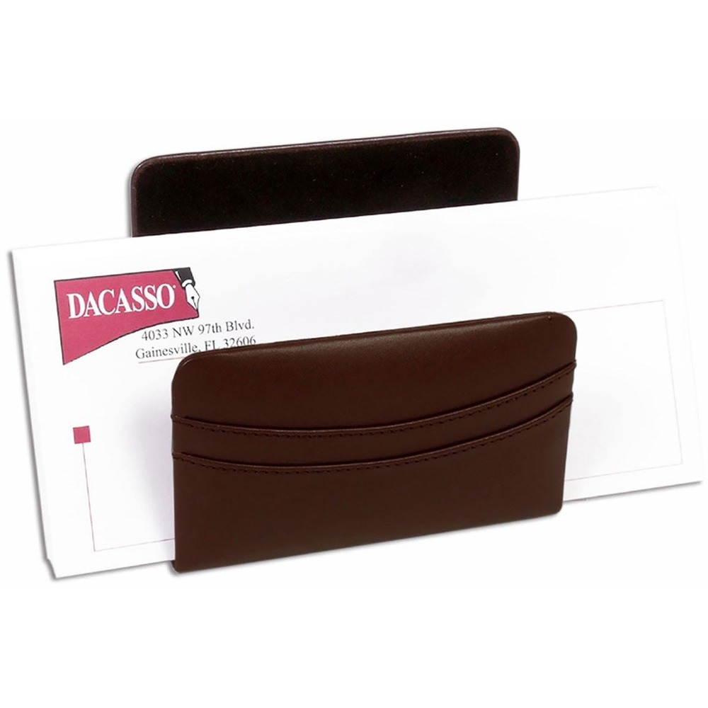 DACA3408 - Letter Holder is beautifully made with decorative stitching across the front to make a subtle statement that works in any decor. Top-grain leather adds professional style to any work space. Soft velveteen protects surfaces from scuffs and scratches. Open-end design accepts envelopes of any length.