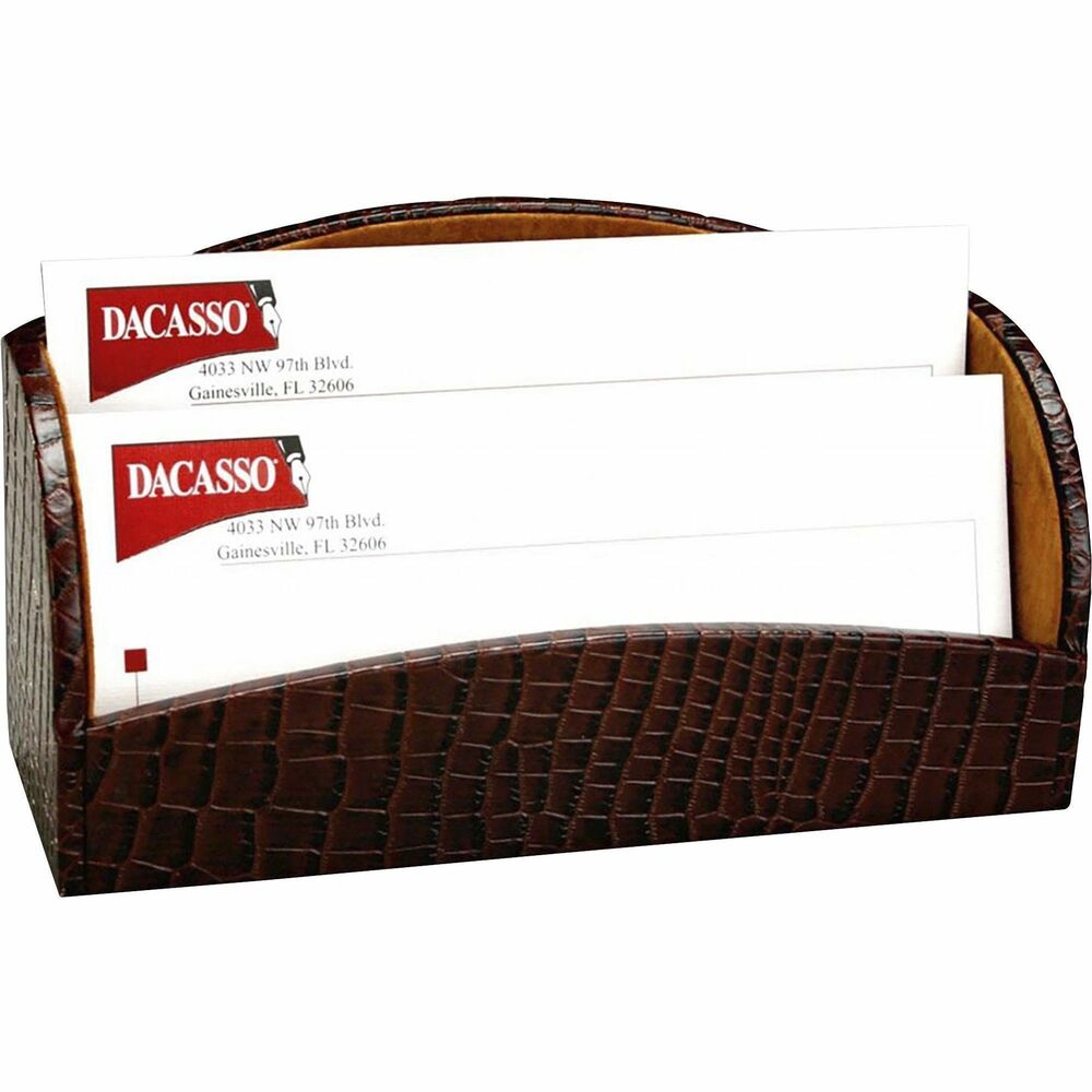 DACA2008 - Letter Holder features two slots to help you efficiently organize incoming and outgoing mail. Crocodile embossed design adds a smart, sophisticated look to your desk. Soft velveteen protects surfaces from scuffs and scratches.