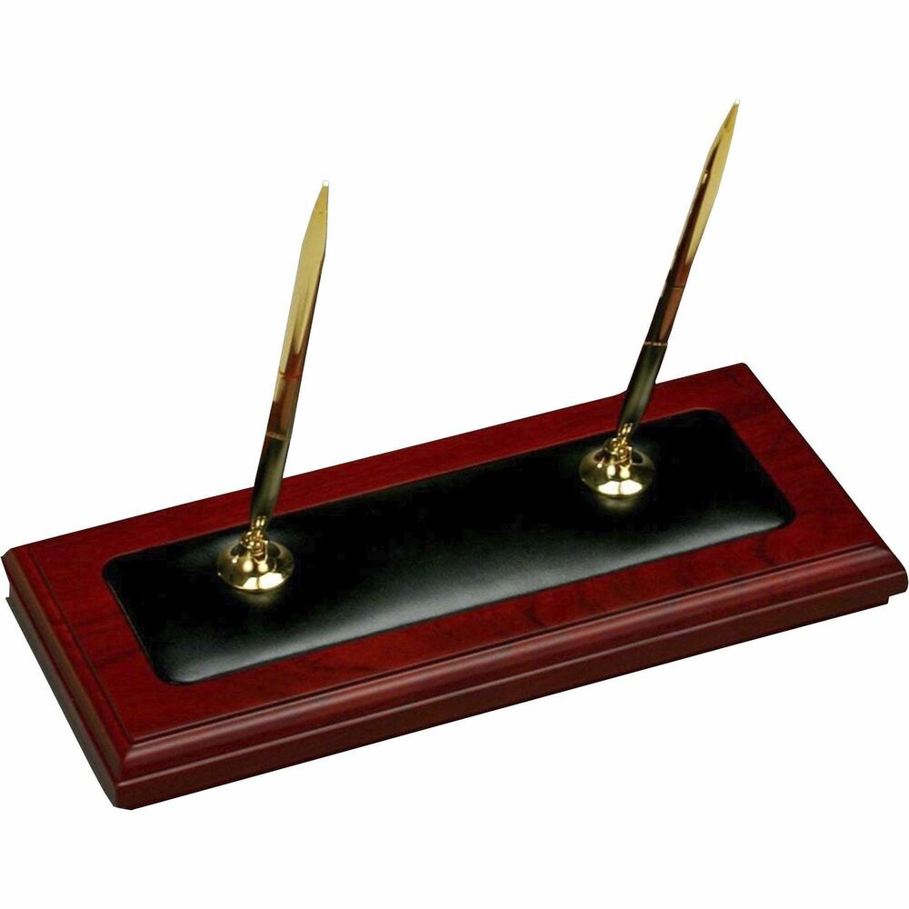 DACA8004 - Double Pen Stand features a wooden construction and top-grain leather accent to add professional style to any work space. Rubberized, foam dots protect surfaces from damage. Pen stand includes one blue ink and one black ink ballpoint pen. Pens accept Cross ballpoint pen refills.