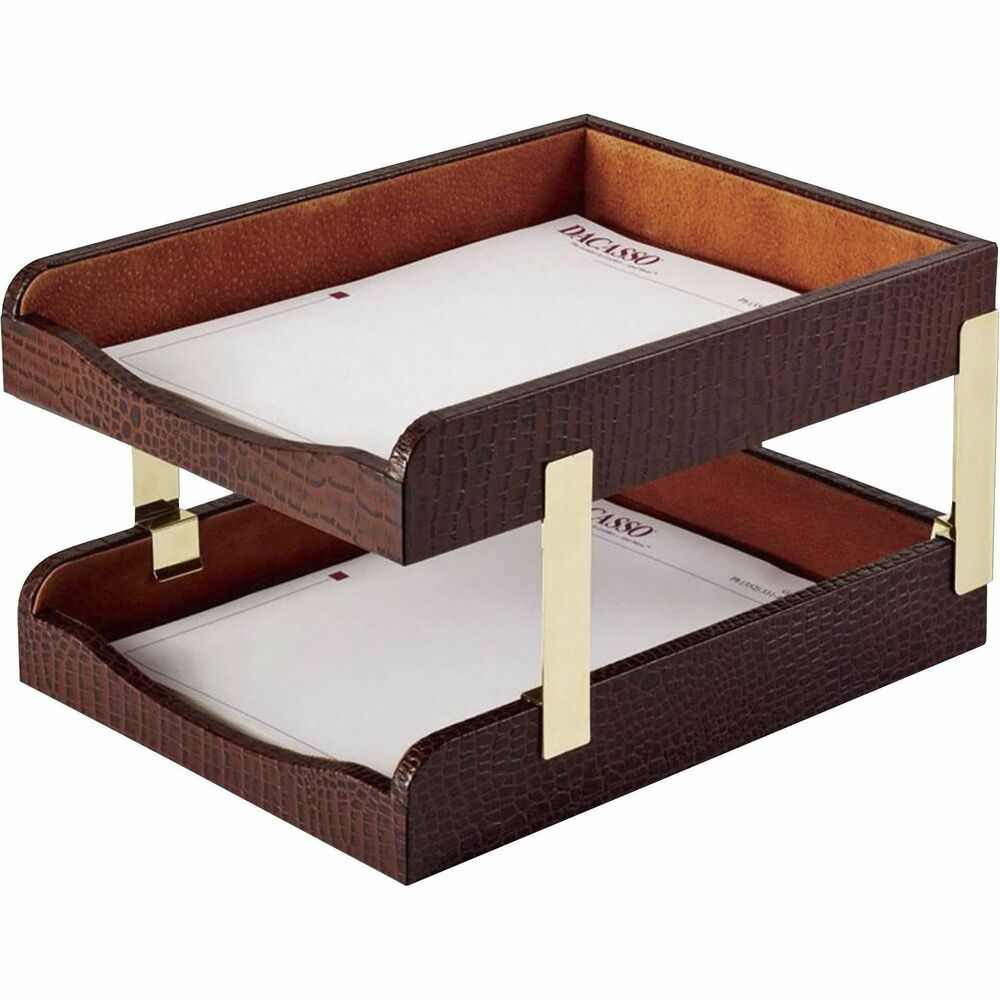 DACA2020 - Double Letter Trays feature a crocodile embossed design to add a smart, sophisticated look to your desk. Closed-front design prevents your letter-size documents from sliding out. The bottom is lined with soft velveteen to protect surfaces from scuffs and scratches. Stacking posts allow you to stack the trays for space-saving organization.