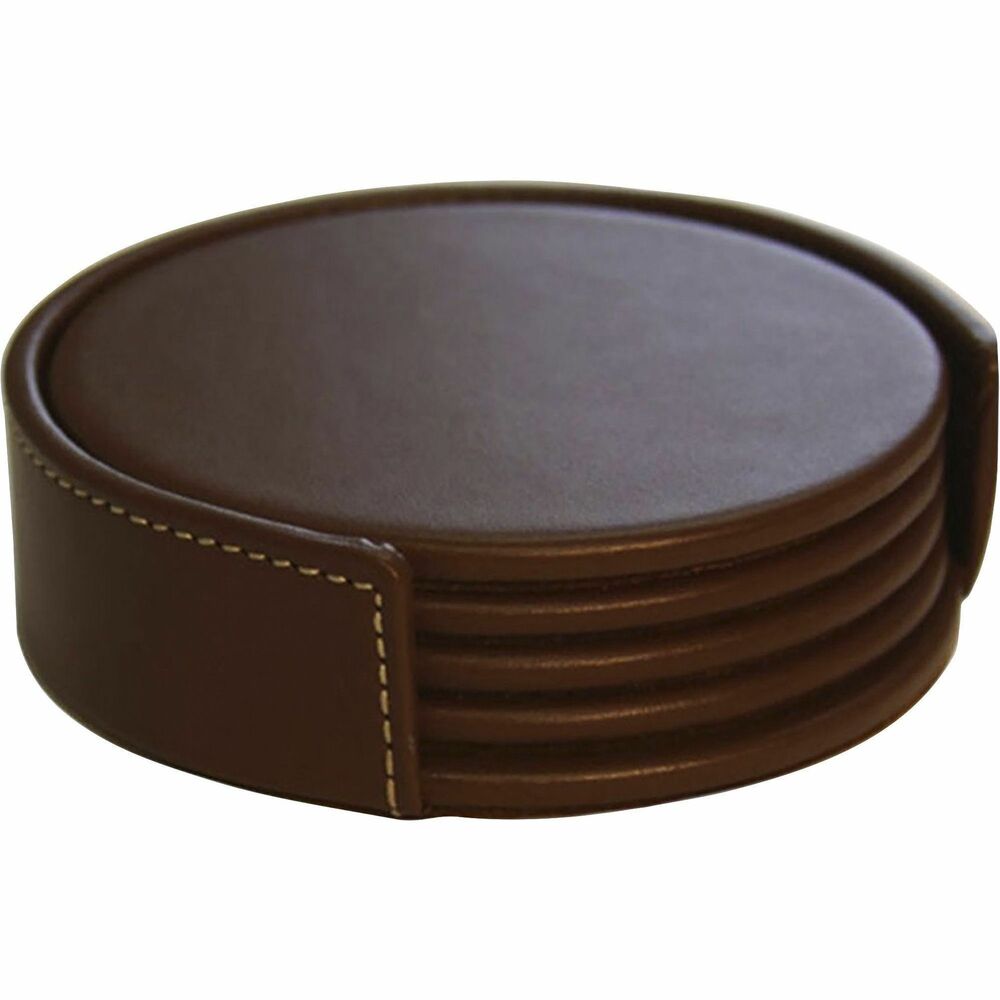 DACA3245 - Rustic Brown Leather Round Coaster Set features a holder with an open front to keep the 4" coasters together when they're not in use. Top-grain leather adds professional style to any work space. The bottom is lined with soft velveteen to protect surfaces from scuffs and scratches. Wrapped-edge design offers greater durability for lasting use.