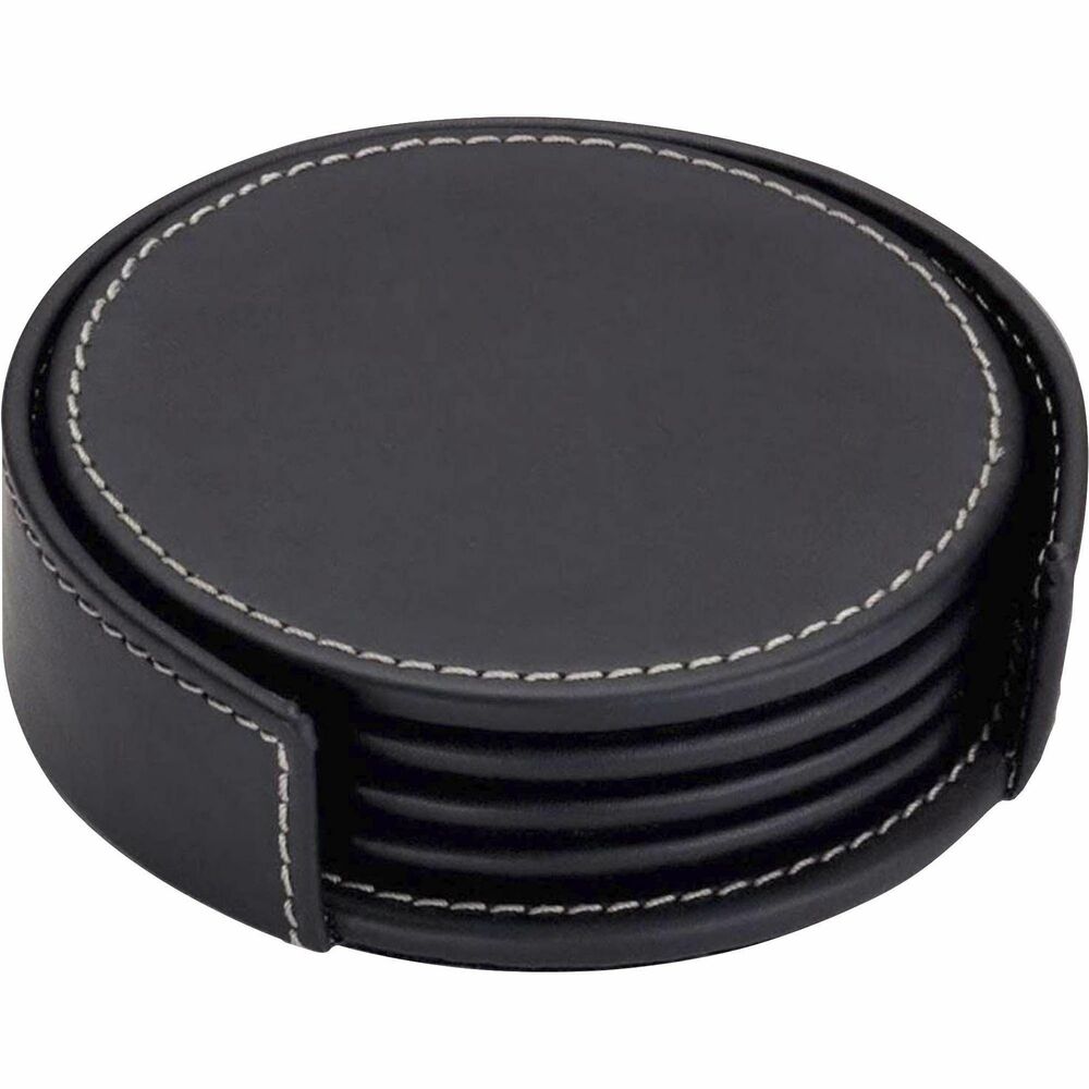 DACA1245 - Rustic Black Leather Round Coaster Set features a holder with an open front to keep the 4" coasters together when they're not in use. Top-grain leather adds professional style to any work space. The bottom is lined with soft velveteen to protect surfaces from scuffs and scratches. Wrapped-edge design offers greater durability for lasting use.