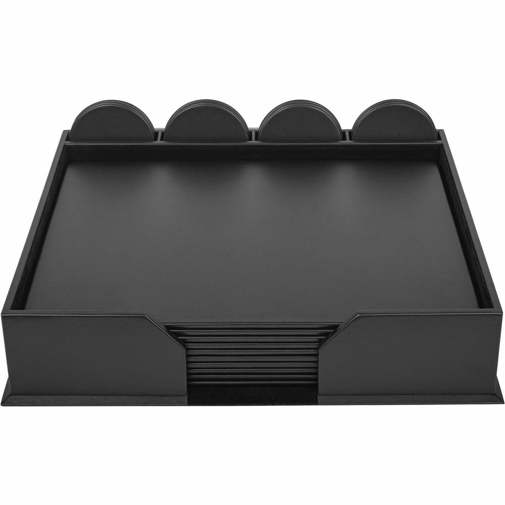 DACD1052 - 23-Piece Conference Room Set features 10 conference pads and 12 round coasters to give each of your meeting participants their own space. Top-grain leather adds professional style to any work space. The pads and coasters are constructed with a rigid core for maximum durability. Pad holder keeps everything together and can be stored in the center of the table for quick access. The bottom of the pad holder, pads and coasters is lined with soft velveteen to protect surfaces from scuffs and scratches.
