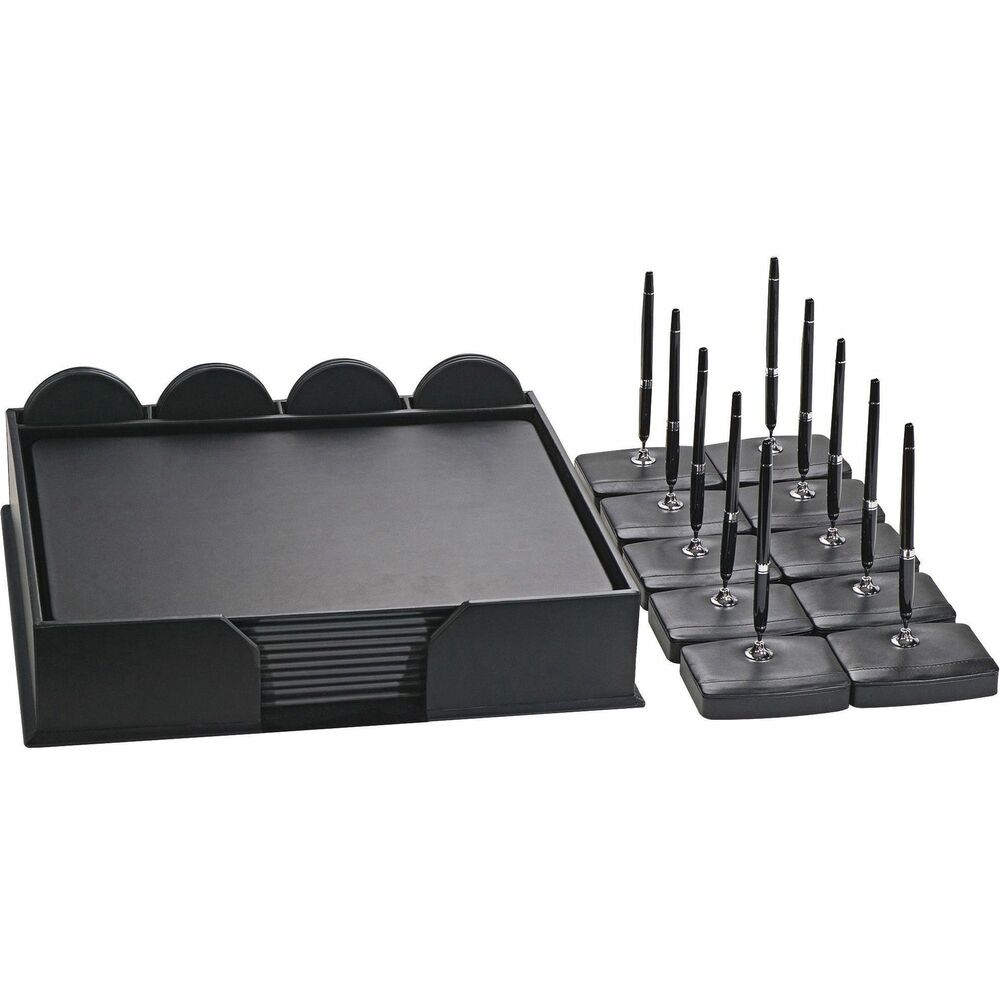 DACD1054 - 33-Piece Conference Room Set includes 10 conference pads, 12 round coasters and 10 pen stands to give each of your meeting participants their own space. Top-grain leather adds professional style to any work space. Pad holder keeps the pads and coasters neatly organized. Store in the center of your table for quick access. Soft, velveteen lining on the bottom of the pad holder, pads, pen stands and coasters protect your surfaces from scuffs and scratches.