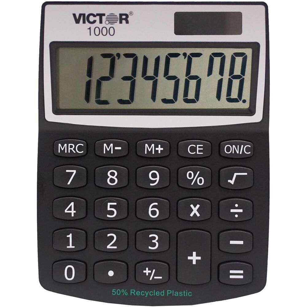 VCT1000 - 8-Digit Mini Desktop Calculator is made with a high percentage of recycled plastic. Extra-large angled LCD has full 18mm display digits. Functions include addition, subtraction, multiplication, constant multiplication, division, percentage, percentage add-on, discount calculations and three-key independent memory. Calculator has soft plastic keys and runs on solar power with battery backup.