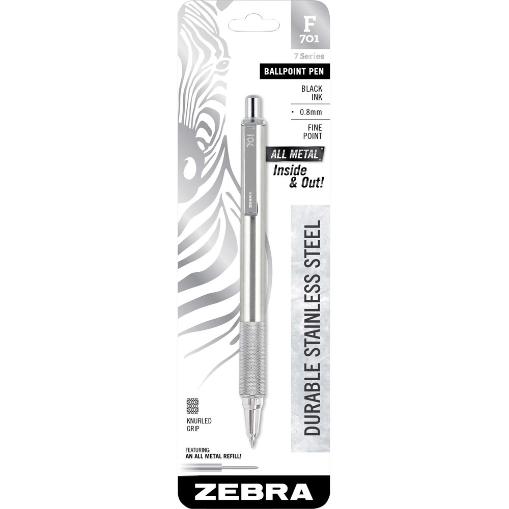 ZEB29411 - F-701 Retractable Ballpoint Pen is made of professional-grade stainless steel from tip to clip. It is designed to prevent corrosion. Easy-to-hold knurled metal grip provides writing stability. Quiet plunger mechanism silences any clicking when you retract. Pen with black ink is refillable with Zebra F-Refill. More from the ManufacturerRebate: $15 Gift Card w $50 Zebra Pen Purchase View Rebate Details