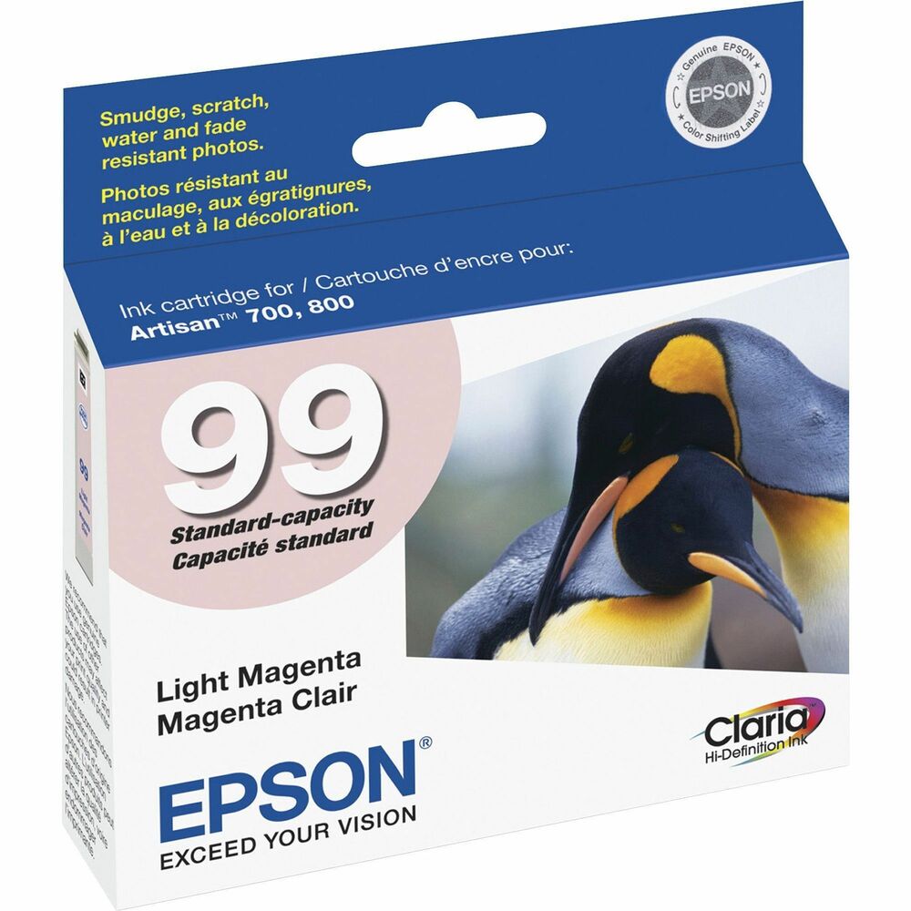 EPST099620S - Ink cartridge is designed for use with Epson Artisan 700, 710, 725, 730, 800, 810, 835 and 837 printers. Claria Hi-Definition Ink delivers long-lasting photos that are smudge-resistant, scratch-resistant, water-resistant and fade-resistant. It is the ultimate combination of photo quality and longevity - better quality than the lab. Cartridge yields approximately 500 pages.