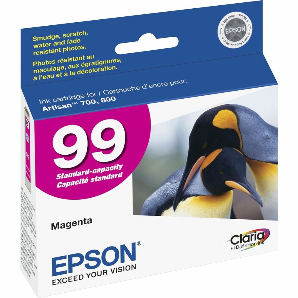 EPST099320S - Ink cartridge is designed for use with Epson Artisan 700, 710, 725, 730, 800, 810, 835 and 837 printers. Claria Hi-Definition Ink delivers long-lasting photos that are smudge-resistant, scratch-resistant, water-resistant and fade-resistant. It is the ultimate combination of photo quality and longevity - better quality than the lab. Cartridge yields approximately 500 pages.