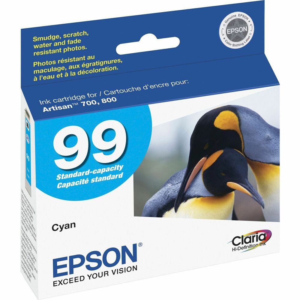EPST099220S - Ink cartridge is designed for use with Epson Artisan 700, 710, 725, 730, 800, 810, 835 and 837 printers. Claria Hi-Definition Ink delivers long-lasting photos that are smudge-resistant, scratch-resistant, water-resistant and fade-resistant. It is the ultimate combination of photo quality and longevity - better quality than the lab. Cartridge yields approximately 500 pages.