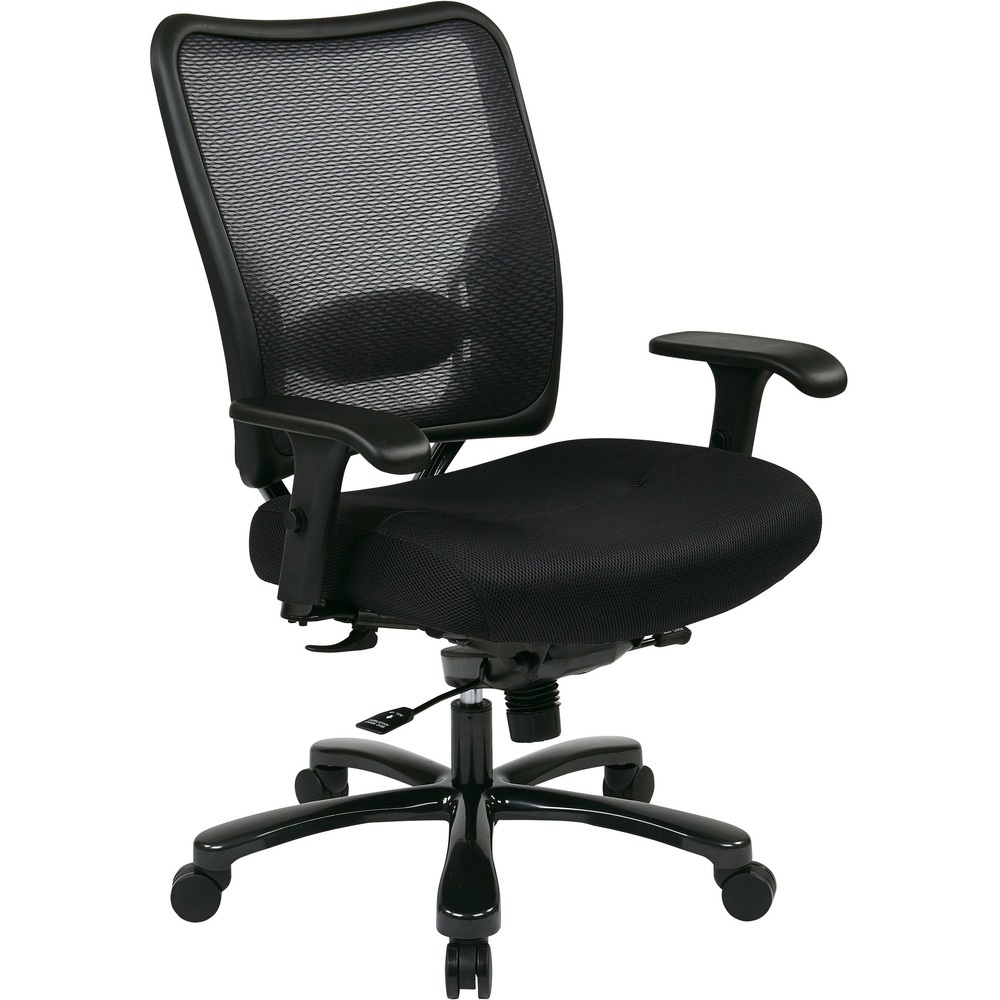OSP7537A773 - Executive Big and Tall Chair features a double air-grid back with adjustable lumbar support and thickly padded contoured mesh seat. Built-in arms adjust in height and width and feature soft polyurethane pads. Functions include one-touch pneumatic seat-height adjustment from 19-3/4" to 22-1/4" , mid-pivot knee tilt control, adjustable tilt tension and integral lumbar. Weight capacity is 400 lb. Seat size is 22" wide x 21" deep x 4-1/4" thick. Back size is 21-1/4" wide x 22" high. Heavy-duty five-star base with gunmetal finish offers five dual-wheel casters for easy chair movement.