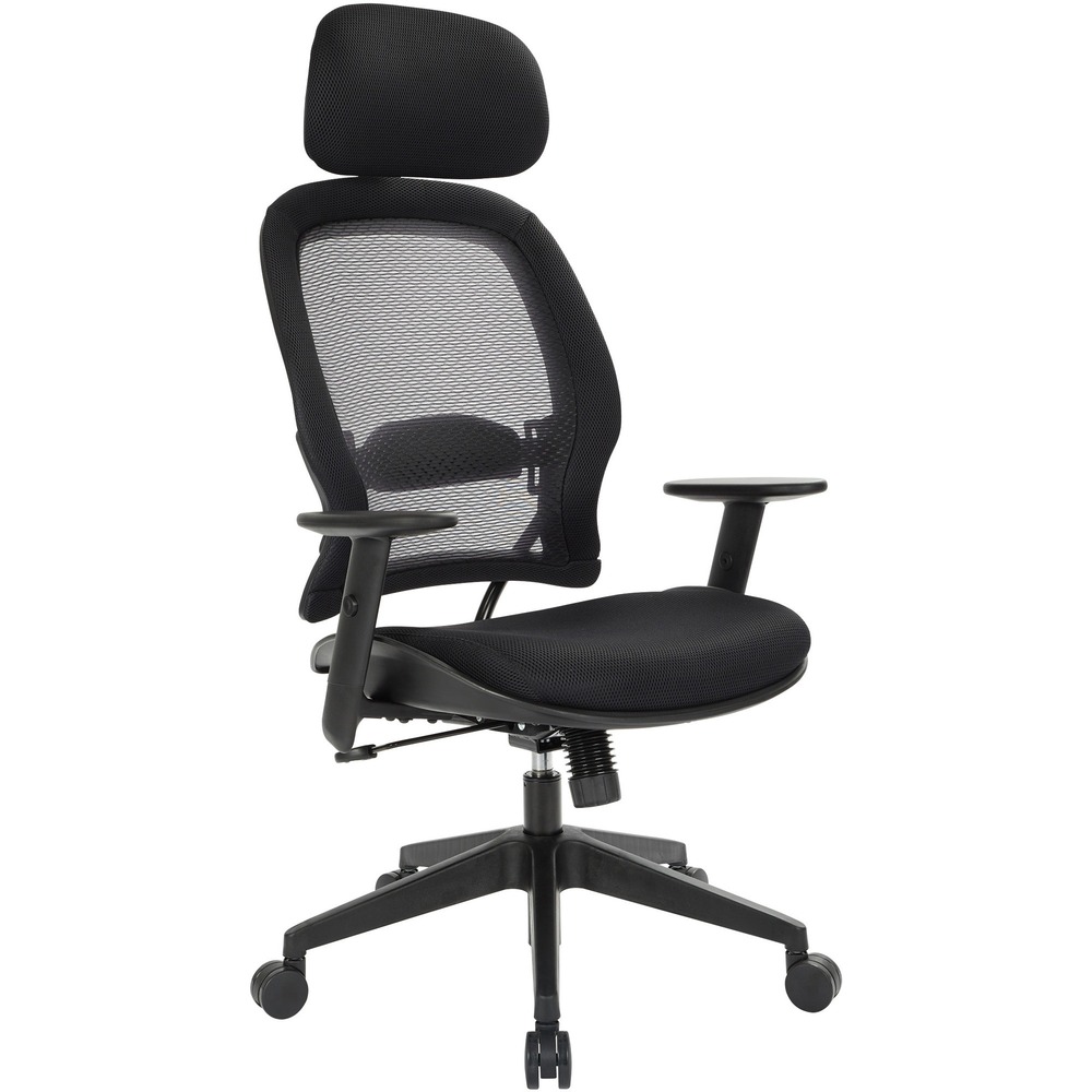 OSP55403 - Executive high-back chair features active lumbar support and a mesh screen back. Mesh screen back provides increased breathability while adjustable, padded lumbar support maintains the natural curve of your spine. Functions include one-touch pneumatic seat-height adjustment, 360-degree swivel, tilt, tilt tension, tilt lock and synchronized knee tilt (2-to-1 synchro tilt). Headrest adjusts in height and depth. Arms have soft pads and adjust in height. Seat size is 21-7/8" wide x 19-1/8" deep x 18-4/5 to 23" high. Back size is 20-5/8" wide x 29-3/4" high. Distance between arms is 19". High-back chair features a thickly padded contoured mesh seat, heavy-duty metal base, and oversized, dual-wheel carpet casters.