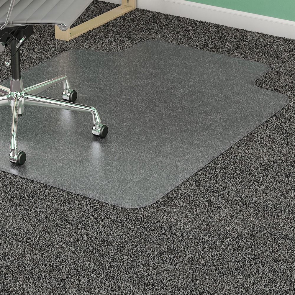 LLR25757 - Clear rectangular chairmat will extend the life of your carpet by spreading out the pressure from your chair casters. Will also reduce fatigue by allowing easier rolling across your work space with less back and leg strain. Designed for use on medium plush 3/4" thick or less carpets including padding. Provides a studded back designed to achieve a strong grip without piercing or damaging your carpet backing, smooth edge for smoother rolling on and off your mat, and a 19" wide x 10" deep lip to cover the carpet under your desk when your chair is pushed all the way in. Crystal-clear chairmat lets the beauty of your carpeting show through and is made of heavy-duty material to stand up to years of daily wear and tear. More from the Manufacturer