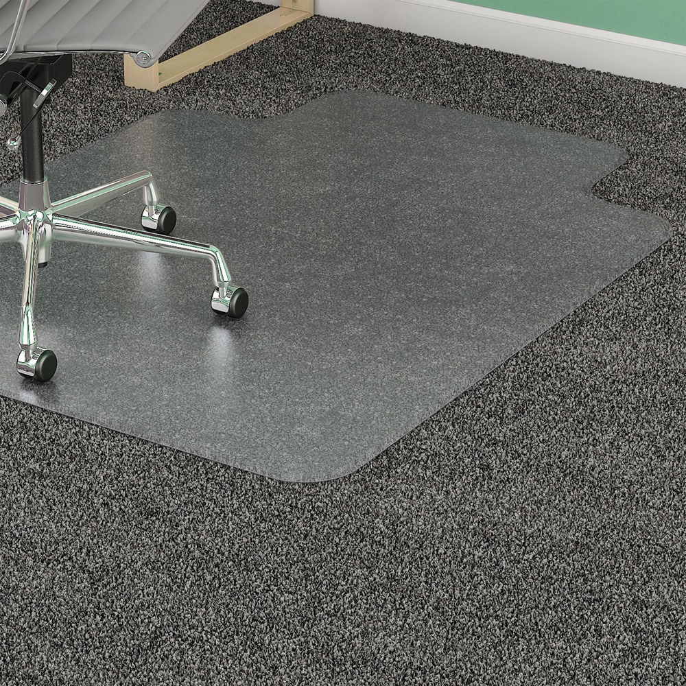 LLR25756 - Clear rectangular chairmat will extend the life of your carpet by spreading out the pressure from your chair casters. It will also reduce fatigue by allowing easier rolling across your work space with less back and leg strain. Use on medium-plush carpets including padding. Studded back is designed to achieve a strong grip without piercing or damaging your carpet backing, smooth edge for smoother rolling on and off your mat, and a 25" wide x 12" deep lip to cover the carpet under your desk when your chair is pushed all the way in. Crystal-clear chairmat lets the beauty of your carpeting show through. Heavy-duty material stands up to daily wear and tear. More from the Manufacturer