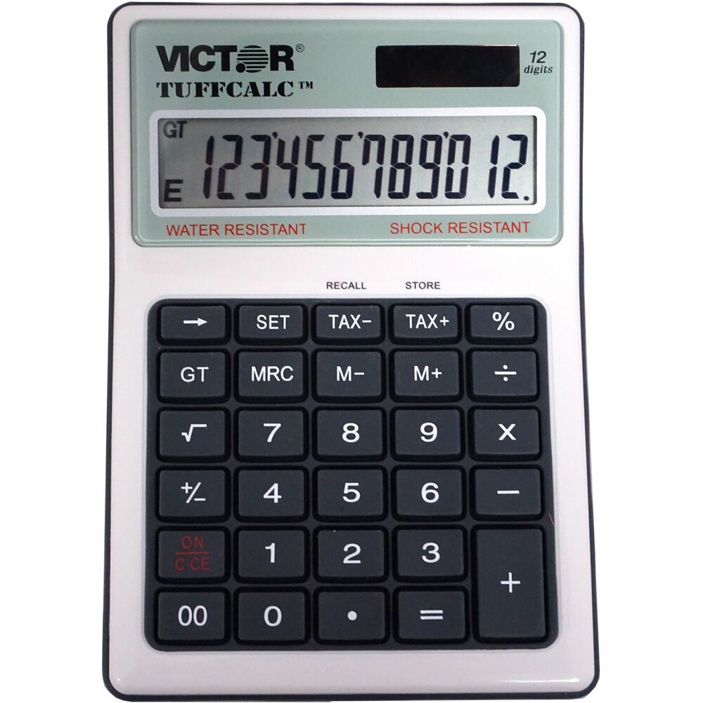 VCT99901 - Washable TuffCalc is water-resistant and shock-resistant. Ideal calculator for extreme working conditions. Design features a sealed rubber keypad and acrylic-protected display. Large 12-digit display is easy to view. Functions include tax +/- keys, backspace, grant total, three-key memory, square root and change sign.