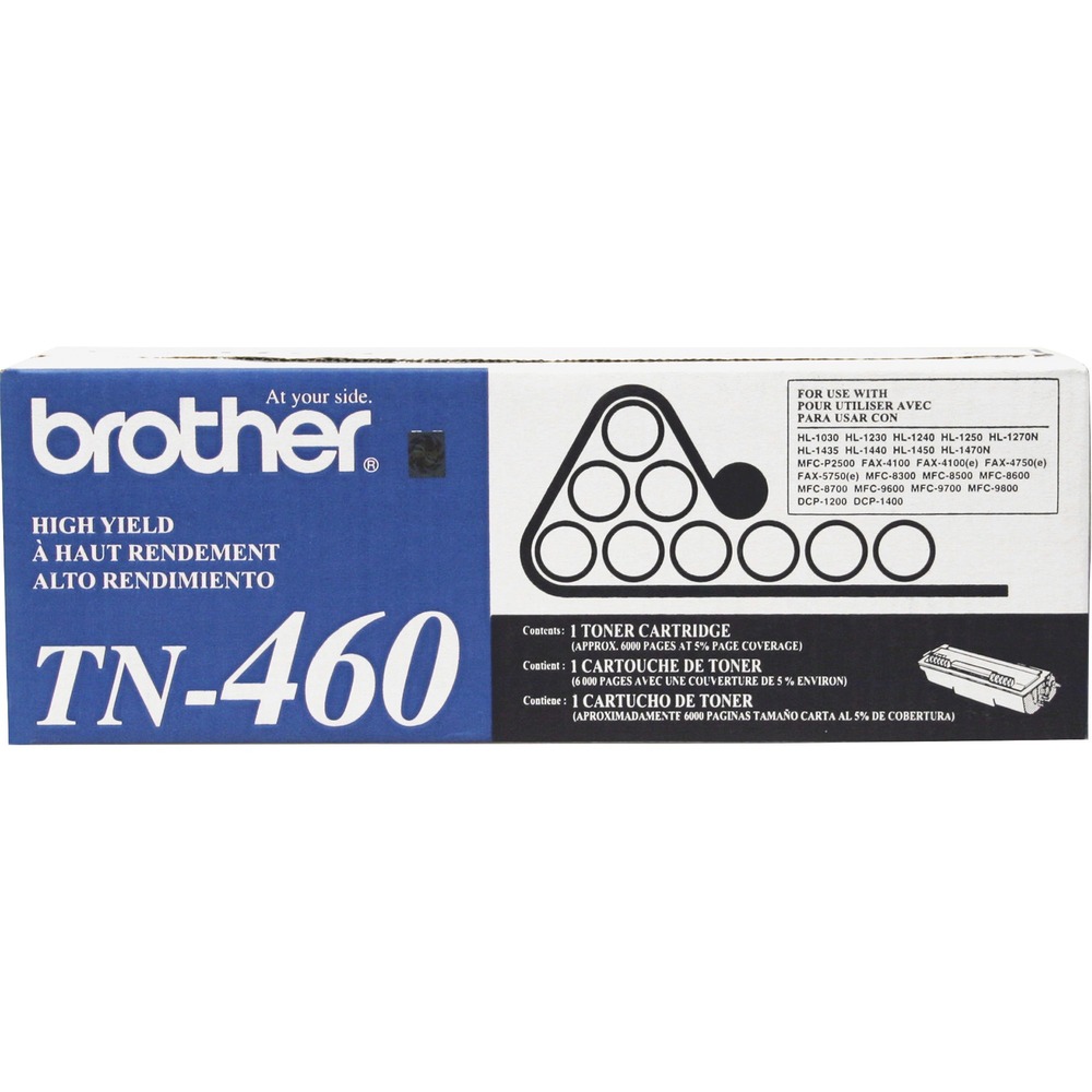 BRTTN460 - Toner cartridge is designed for use with Brother DCP-1200, DCP-1400; HL-1230, HL-1240, HL-1250, HL-1270N, HL-1435, HL-1440, HL-1450, HL-1470N; MFC-8300, MFC-8500, MFC-8600, MFC-8700, MFC-9600, MFC-9700, MFC-9800, MFC-P2500; IntelliFax-4100, IntelliFax-4100e, IntelliFax-4750, IntelliFax-4750e, IntelliFax-5750, and IntelliFax-5750e. All genuine Brother printer supplies are designed as part of an entire printing system to provide a superior degree of quality. Genuine Brother toner is delicately balanced to provide even flow and toner distribution. Cartridge yields approximately 6,000 pages.