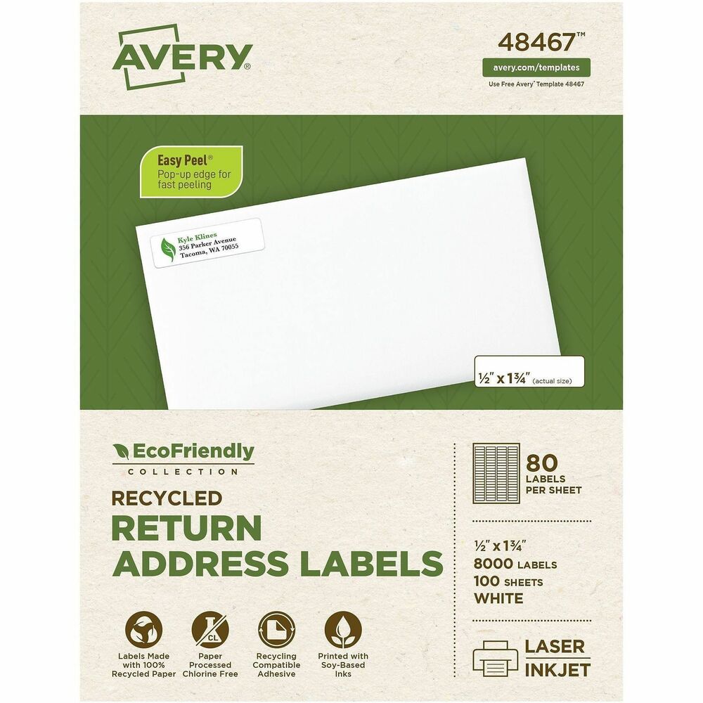 AVE48467 - Mailing labels offer eco-friendly labeling. The label paper and package are made with a high percentage of recycled material and with a chlorine-free process that cuts down the amount of harmful substances associated with the manufacturing process. The labels and box are printed on soy-based and vegetable-based inks that come from renewable materials, rather than solvent-based inks. When you're done, the labels and box are also recyclable. Avery offers many free, easy-to-use design and print solutions for labels. Labels are compatible with laser and inkjet printers. More from the Manufacturer
