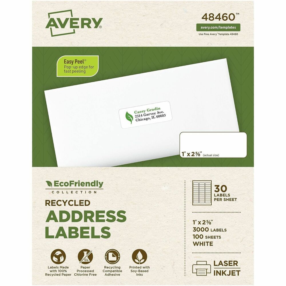 AVE48460 - Mailing labels offer eco-friendly labeling. The label paper and package are made with a high percentage of recycled material and with a chlorine-free process that cuts down the amount of harmful substances associated with the manufacturing process. The labels and box are printed on soy-based and vegetable-based inks that come from renewable materials, rather than solvent-based inks. When you're done, the labels and box are also recyclable. Avery offers many free, easy-to-use design and print solutions for labels. Labels are compatible with laser and inkjet printers. More from the Manufacturer