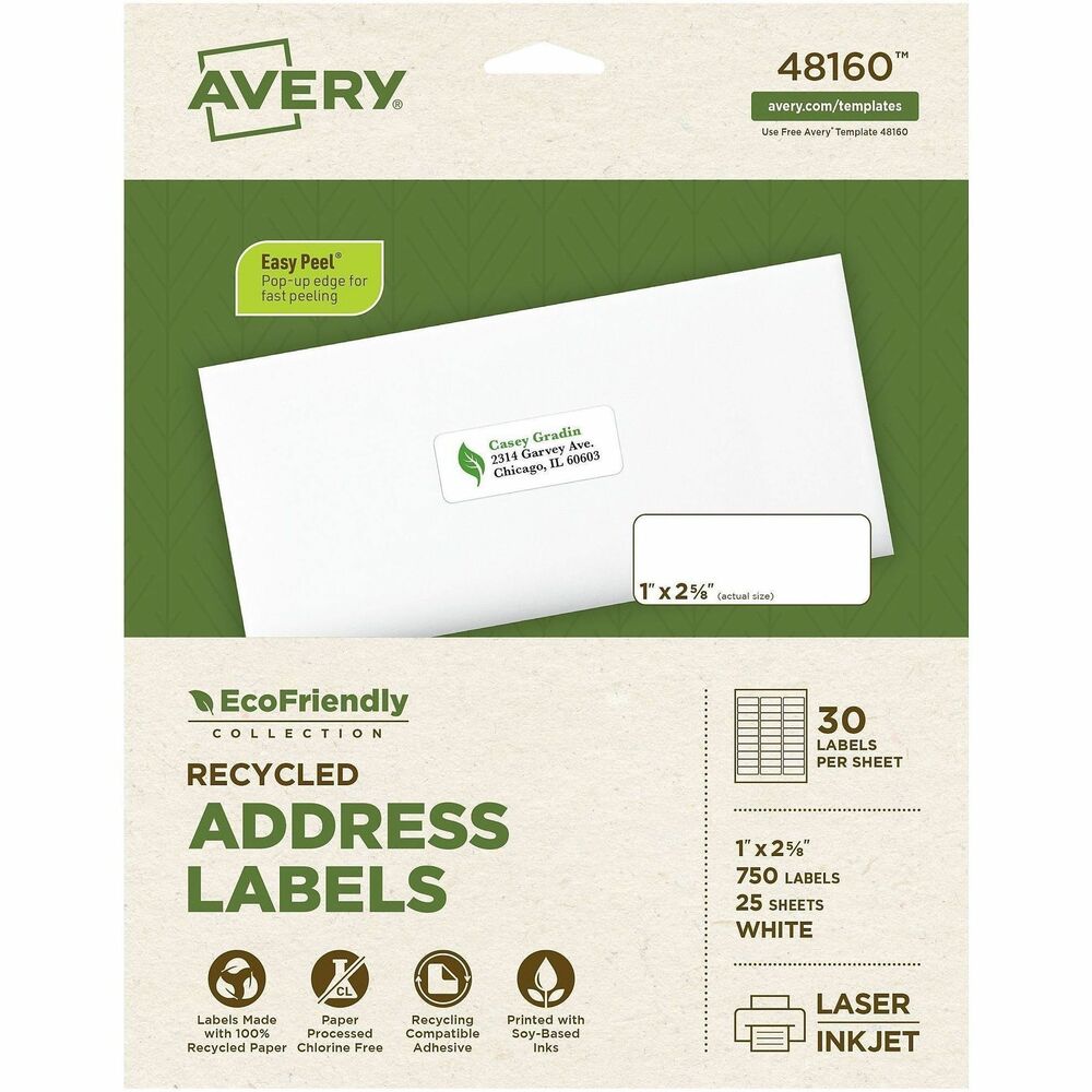 AVE48160 - Mailing labels offer eco-friendly labeling. The label paper and package are made with a high percentage of recycled material and with a chlorine-free process that cuts down the amount of harmful substances associated with the manufacturing process. The labels and box are printed on soy-based and vegetable-based inks that come from renewable materials, rather than solvent-based inks. When you're done, the labels and box are also recyclable. Avery offers many free, easy-to-use design and print solutions for labels. Labels are compatible with laser and inkjet printers. More from the Manufacturer