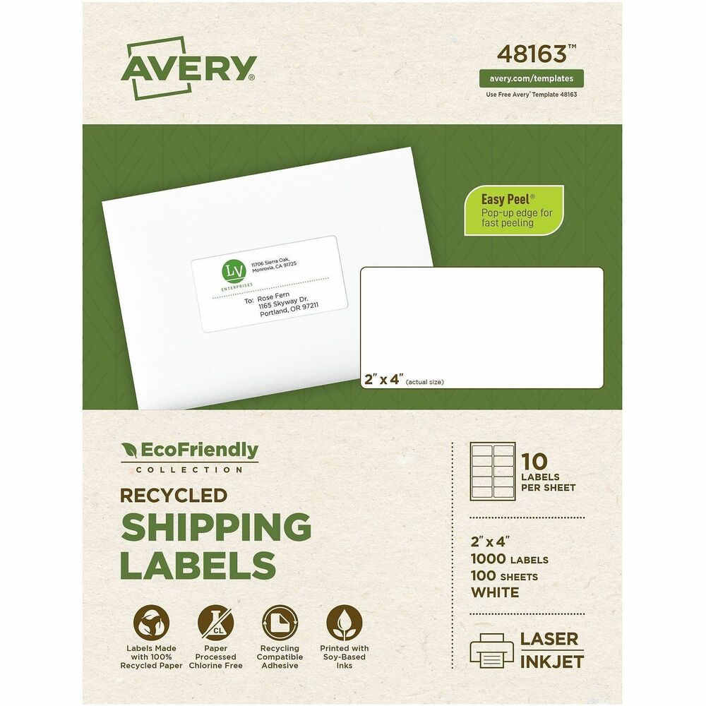 AVE48163 - Mailing labels offer eco-friendly labeling. The label paper and package are made with a high percentage of recycled material and with a chlorine-free process that cuts down the amount of harmful substances associated with the manufacturing process. The labels and box are printed on soy-based and vegetable-based inks that come from renewable materials, rather than solvent-based inks. When you're done, the labels and box are also recyclable. Avery offers many free, easy-to-use design and print solutions for labels. Labels are compatible with laser and inkjet printers. More from the Manufacturer