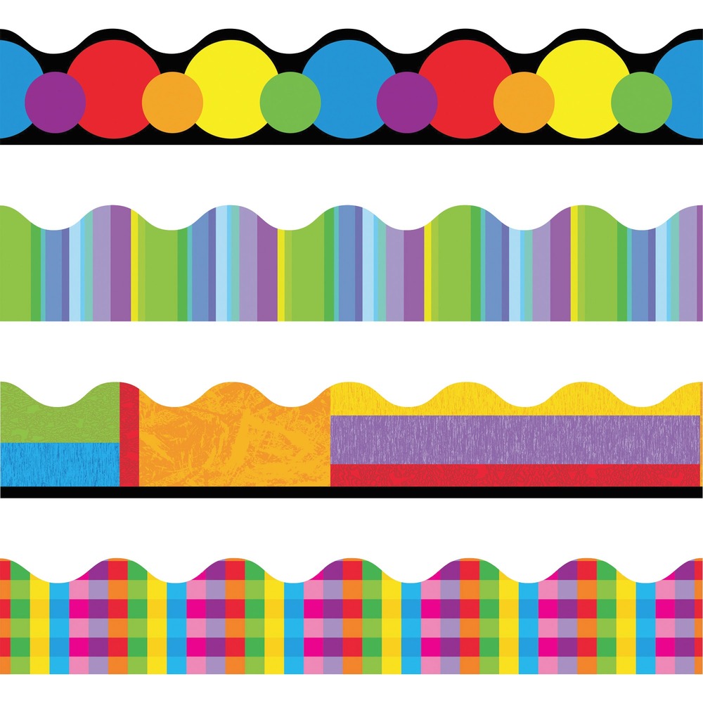 TEP92908 - Decorate classrooms and enhance learning environments with durable themed trimmers. Trimmer variety pack offers colorful ways to highlight your boards with Rainbow Plaid, Color Collage, Color Basics, and Cool Stripes. Perfect for trimming bulletin boards, chalkboards and classroom walls. Ideal for prekindergarten to ninth-grade (ages 3 to 15).