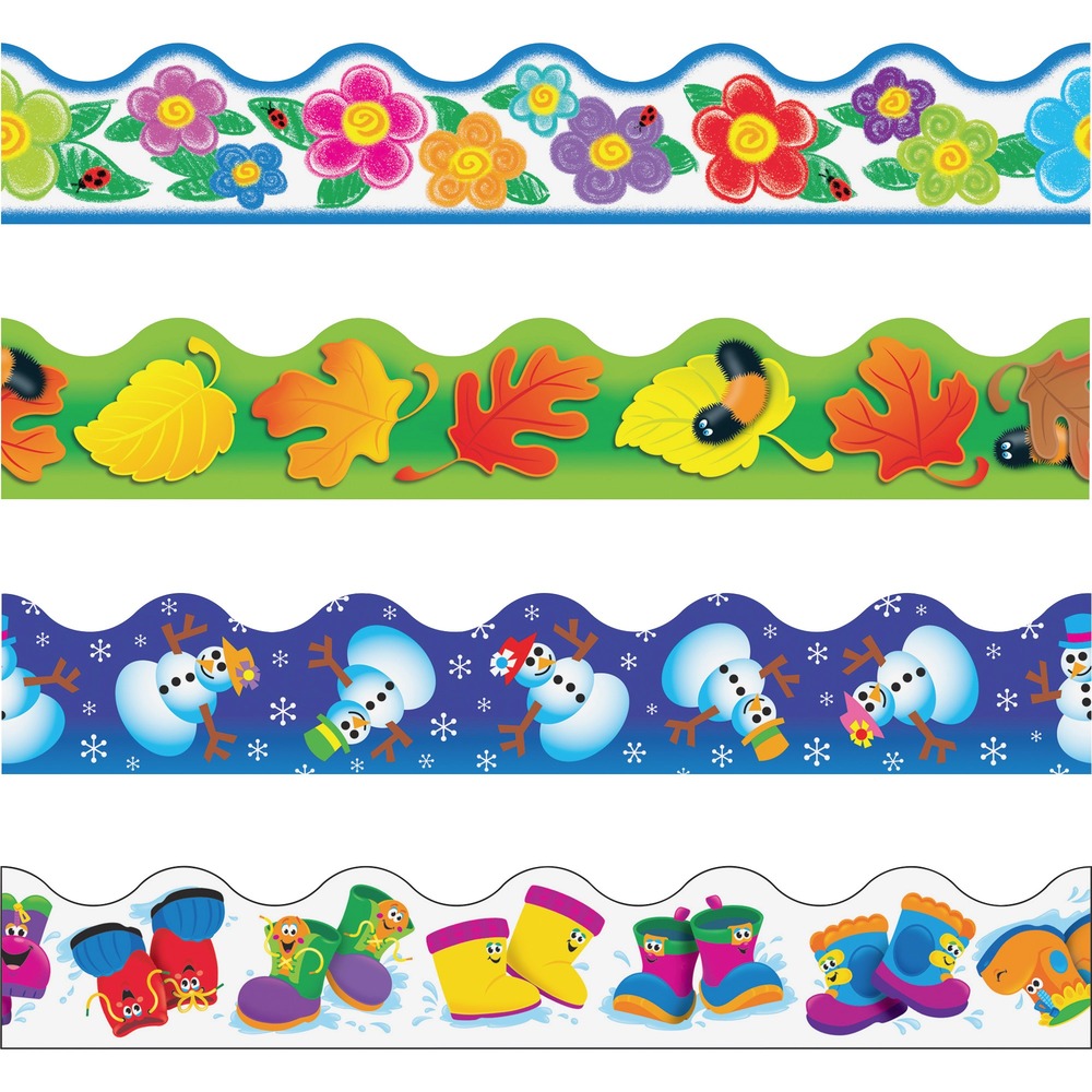 TEP92914 - Decorate classrooms and enhance learning environments with durable themed trimmers. Trimmer variety pack includes all four seasons with Fall Fun, Rainy Day Boots, Crayon Flowers, and Winter Fun. Perfect for trimming bulletin boards, chalkboards and classroom walls. Ideal for prekindergarten to ninth-grade (ages 3 to 15).