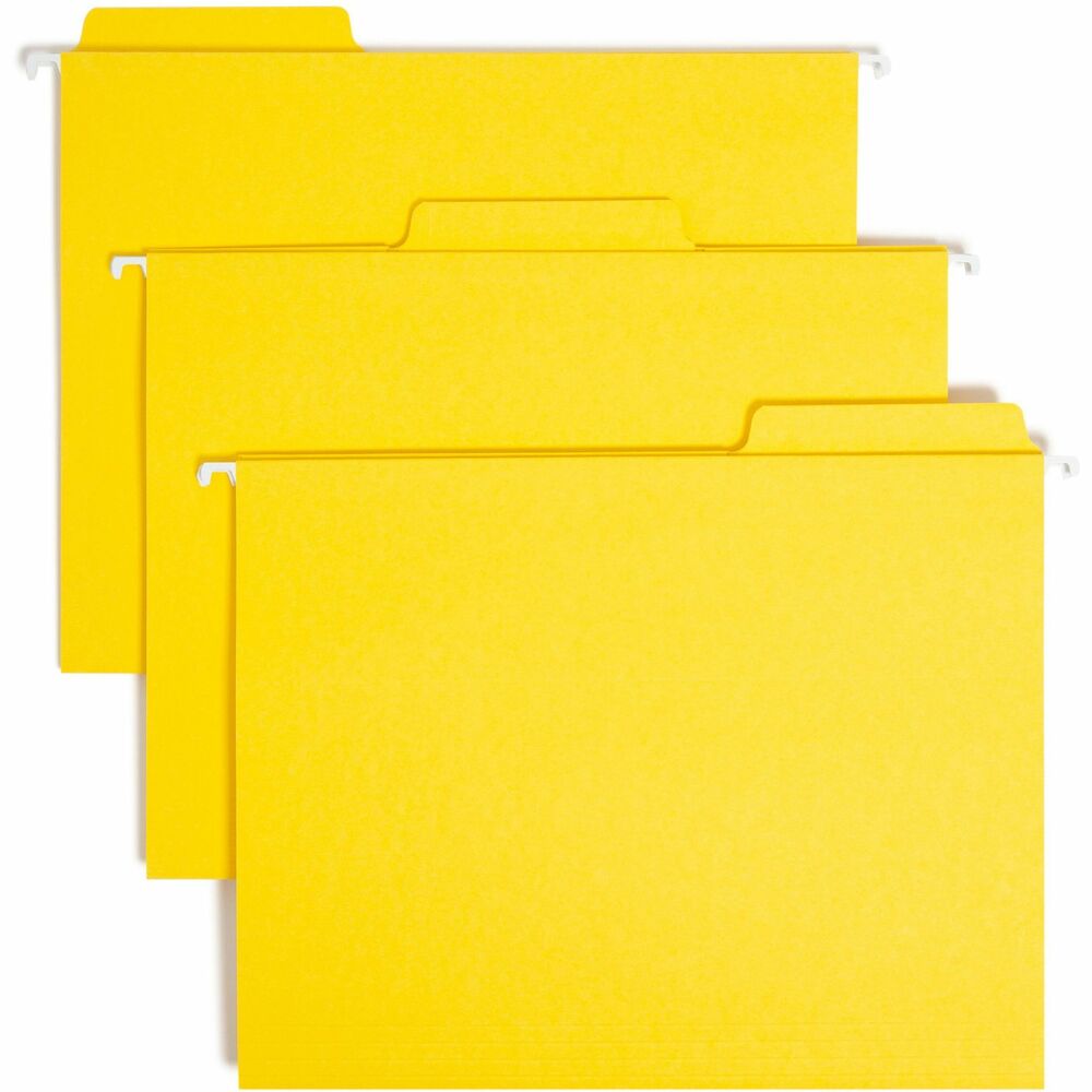 SMD64097 - FasTab Hanging Folders feature built-in, heavy-duty, two-ply tabs that are permanently attached. You won't have to bother with inserting the right tab size. These 1/3-cut tabs are 20 percent larger than standard 1/3-cut tabs for more labeling room and easy viewing. No assembly is required. Tabs are easy to label. Write directly on the tab or apply self-adhesive labels. Tab is embossed for easy label placement. Letter-size hanging folders have paper glued around rods on both sides for an even appearance. Rod tips are coated to reduce rod bending and folder tearing. Folders are made of 11 point stock. More from the Manufacturer