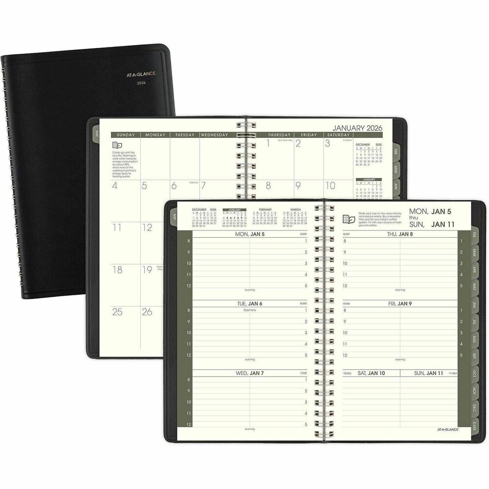 AAG70100G05 - Weekly/monthly appointment book is environmentally friendly with tips for "Green Living" featured each week and a high recycled content. Dated planning pages range 12 months from January to December. Two-page-per-week spreads include ruled horizontal daily entries, hourly appointment times from 8 AM to 5 PM on weekdays, Monday-through-Sunday scheduling, count of days/days remaining, and past, current and two future months at the top of the page. For quick reference, the current reference month is boxed, and the current week is highlighted. Tabbed monthly overview offers unruled daily blocks, Sunday-through-Saturday scheduling, holidays, and past, current and four future months reference. Wirebound appointment book also offers numbered weeks, a flexible simulated leather cover, and tabbed telephone/address section. Planner is nonrefillable.