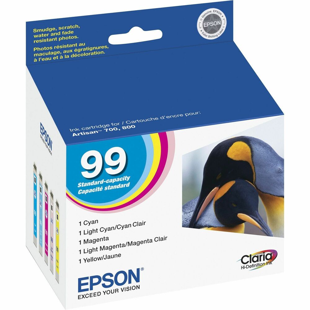 EPST099920S - Ink cartridges are designed for use with Epson 700 and 800 Printers. Claria Hi-Definition Inks provide true-to-life colors for printing your best shots. Quick-drying Claria Inks make handling photos worry-free for sharing. Cartridge delivers durable photos that are smudge-resistant, scratch-resistant, water-resistant and fade-resistant. Set includes cyan, light cyan, magenta, light magenta and yellow. Each color cartridge yields approximately 500 pages.