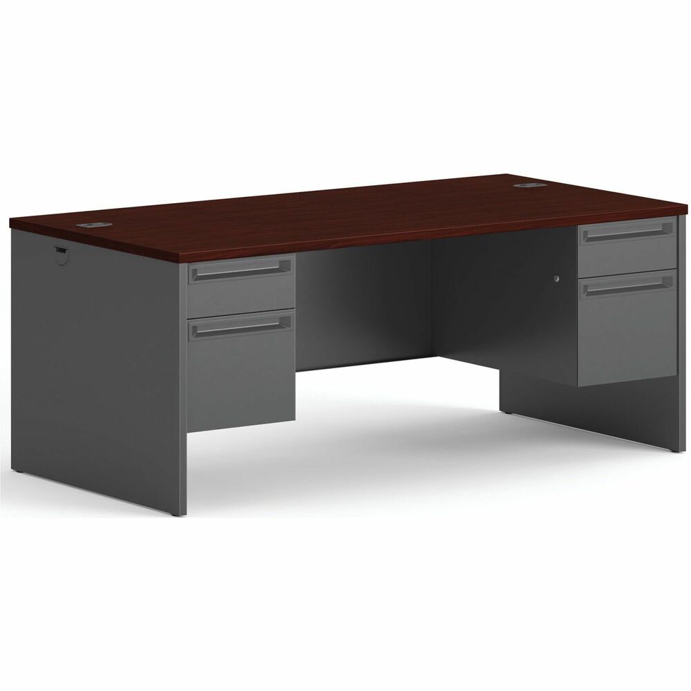 HON38180NS - Double-pedestal desk belongs to the HON 38000 Modular Steel Desk Series with stylish rounded edges, sturdy construction for intensive use, and wire-management grommets for neat cord routing. Mahogany laminate, particleboard top features radius edges on front and rear edges. Color of pulls and grommets matches paint selection. Desk features two wire grommets in the top and one in each end panel for cable connections between desks. Design also includes a 3/4-height modesty panel, 6" overhang, two 3/4-height pedestals with box/file configuration, locking drawers, spring-loaded follower blocks and Tru-fit mitered drawer fronts for better visual alignment. High-sided file drawers accept hanging files without hangrails and have three-part, full-extension, steel ball-bearing suspension for full access. Box drawers offer two-part, 3/4-extension, steel ball-bearing suspension. Durable steel construction has a baked enamel, charcoal finish over rust-inhibiting phosphate pre-treatment.