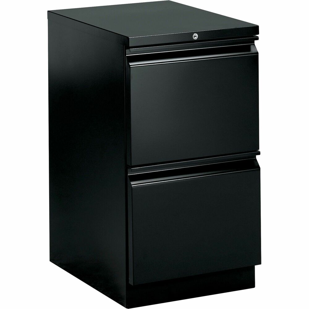 HON33823RP - Mobile pedestal with HON Brigade Series 800 lateral-pull design fits under standard HON Initiate, 38000 Series and 29-1/2" worksurfaces. Freestanding pedestal offers a 22-7/8" depth and two file drawers with ball-bearing suspension (90 percent extension). High-sided file drawers feature two crossrails and accommodate front-to-back filing for letter-size, hanging file folders. Counterweight inhibits tipping when opening more than one drawer. Black pedestal is also equipped with a HON One Key interchangeable, core-removable lock; fixed front casters; and swivel rear casters. Pedestal meets or exceeds ANSI/BIFMA and ISTA performance standards.
