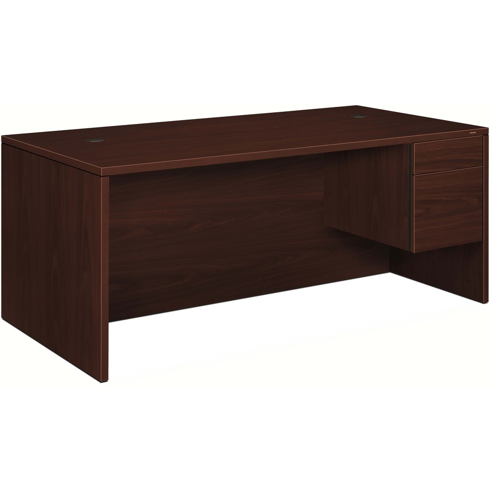 HON10585RNN - Right-pedestal desk is part of HON 10500 Series Wood Laminate Desking that offers practical functionality and uncompromising durability. Durable, 1-1/8" solid-core, high-performance particleboard resists warping. Laminate is scratch-resistant, stain-resistant and spill-resistant. Single-pedestal desk features a full-height modesty panel and 3/4 pedestal with one box and one file drawer. Drawers lock and offer five-sided construction for easy drawer alignment or replacement of drawer fronts. Interchangeable, core-removable lock makes rekeying quick and easy. Box drawers operate on ball-bearing suspension with 3/4 extension while the file drawers extend fully on ball-bearing suspension. Built-in hangrails are designed for side-to-side, letter-size or legal-size filing and front-to-back letter-size filing. Two round grommets (3") in the desktop offer easy cord management.