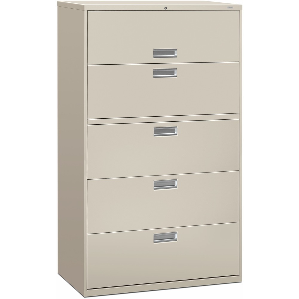 HON695LQ - Five-drawer lateral file offers exceptional construction with double-walled base construction for maximum rigidity. Baked enamel finish over rust-inhibiting, phosphate pretreatment adds more durability. Telescoping, ball-bearing suspension delivers remarkably smooth drawer operation. The drawers accommodate letter-size or legal-size folders from side-to-side with included adjustable hangrails. Drawers are flush at the top and sides and feature drawer-extension restraint and aluminum, recessed drawer pulls. Mechanical interlock allows only one drawer to open at a time. The top drawer is a roll-out shelf for side-to-side filing. Lateral file also offers four adjustable leveling guides for stabilizing; HON One Key interchangeable, core-removable lock; and reinforced case steel construction. Lock mechanism secures both sides of drawers.