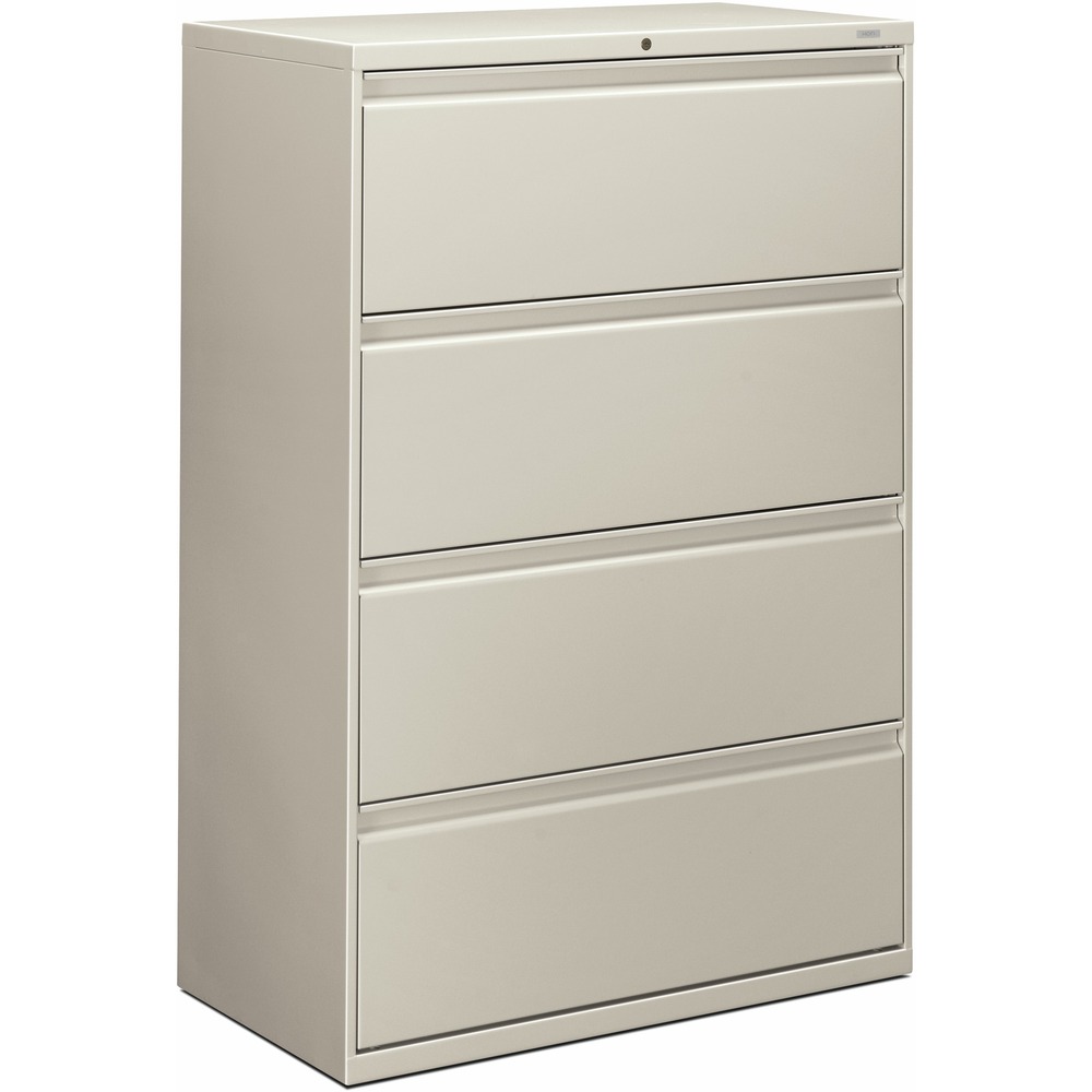 HON884LQ - Four-drawer lateral file offers clean lines, reinforced case construction, 36" width, dual side locks for security, and full-width, designer-style handles. Baked enamel finish over rust-inhibiting, phosphate pretreatment adds more durability. Three-part, telescoping, ball-bearing suspension delivers smooth drawer operation. Drawers accommodate letter-size or legal-size folders from side-to-side with included adjustable hangrails. Drawers are flush at the top and sides and feature drawer-extension restraint. Mechanical interlock allows only one drawer to open at a time. Light gray lateral file also offers four adjustable leveling guides for stabilizing and HON One Key interchangeable, core-removable lock. Lock mechanism secures both sides of drawers.