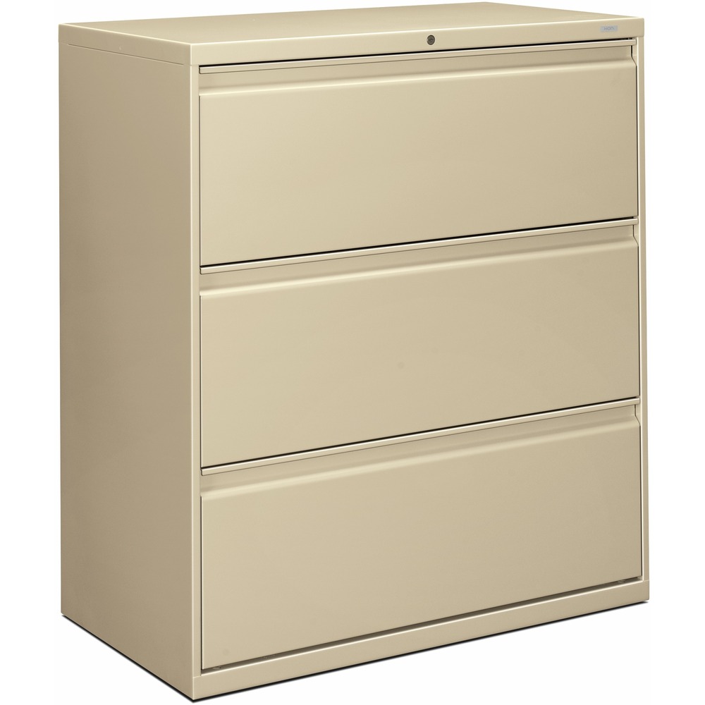 HON883LL - Three-drawer lateral file offers clean lines, reinforced case construction, 36" width, dual side locks for security, and full-width, designer-style handles. Baked enamel finish over rust-inhibiting, phosphate pretreatment adds more durability. Three-part, telescoping, ball-bearing suspension delivers smooth drawer operation. Drawers accommodate letter-size or legal-size folders from side-to-side with included adjustable hangrails. Drawers are flush at the top and sides and feature drawer-extension restraint. Mechanical interlock allows only one drawer to open at a time. Putty-colored lateral file also offers four adjustable leveling guides for stabilizing and HON One Key interchangeable, core-removable lock. Lock mechanism secures both sides of drawers.
