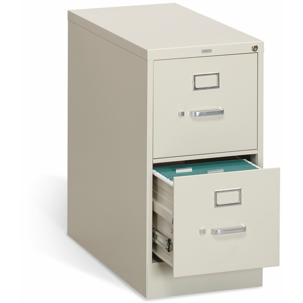 HON312PL - Two-drawer, vertical filing cabinet features a 26-1/2" case depth, label holders and a One Key core-removable lock kit. High drawer sides accept letter-size hanging folders without the use of hangrails. Both drawers have thumb latches and three-part, telescoping, steel ball-bearing suspension. Spring-loaded, follower blocks keep files upright. Follower blocks have positive, slide-action positioning that is adjustable on 5/8" centers. Putty-colored vertical file has a baked enamel finish over rust-inhibiting, phosphate pretreatment. File is certified by SCS to be in compliance with specific, indoor, air-quality emission requirements and meets or exceeds applicable ANSI/BIFMA standards.