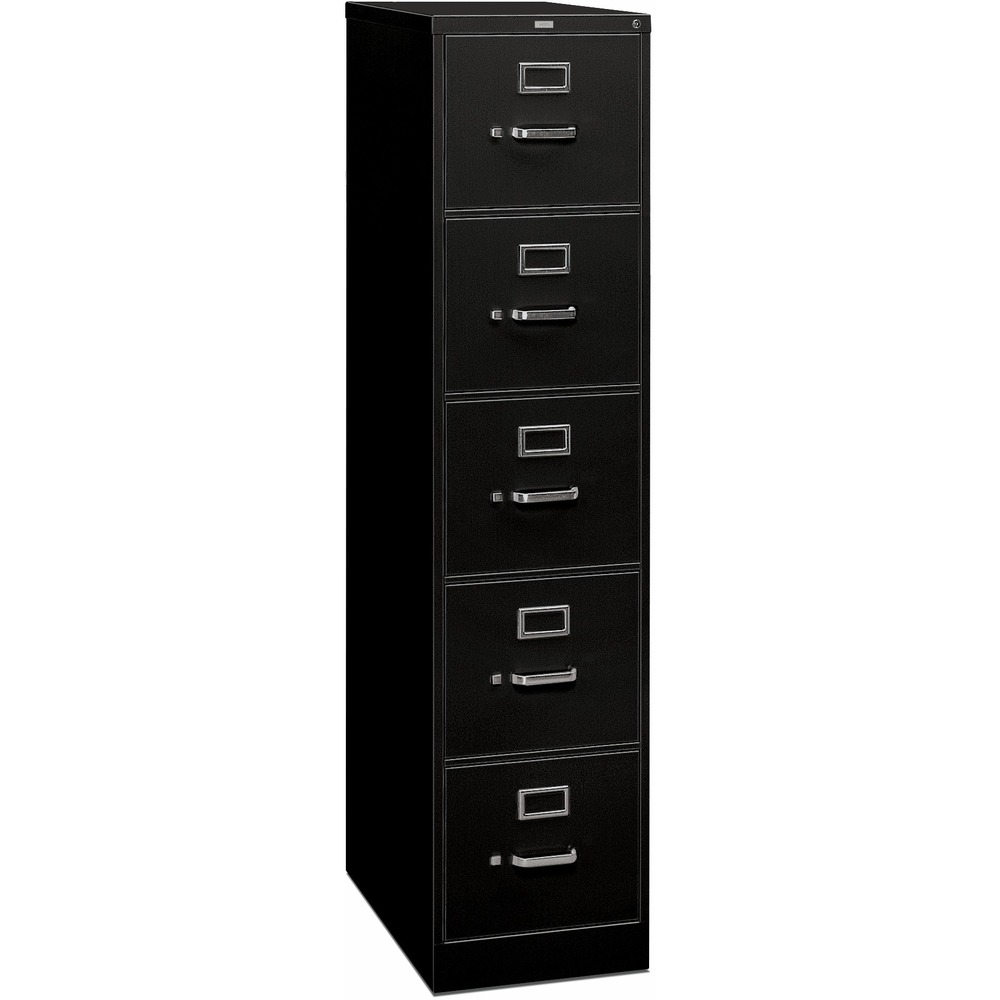 HON315PP - Five-drawer, vertical filing cabinet features a 26-1/2" case depth, label holders and a One Key core-removable lock kit. High drawer sides accept letter-size hanging folders without the use of hangrails. All drawers have thumb latches and three-part, telescoping, steel ball-bearing suspension. Spring-loaded, follower blocks keep files upright. Follower blocks have positive, slide-action positioning that is adjustable on 5/8" centers. Black vertical file has a baked enamel finish over rust-inhibiting, phosphate pretreatment. File is certified by SCS to be in compliance with specific, indoor, air-quality emission requirements and meets or exceeds applicable ANSI/BIFMA standards.