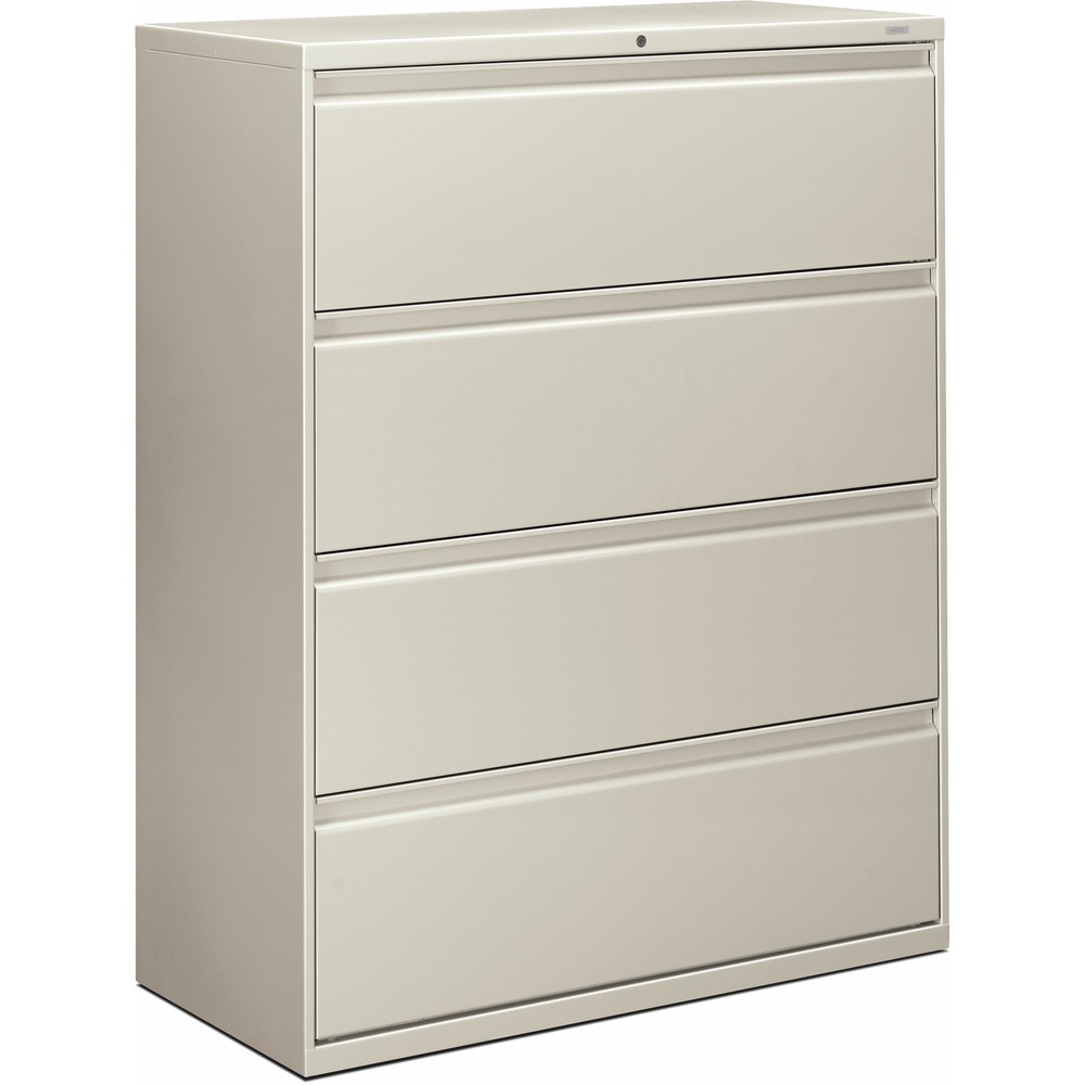 HON894LQ - Four-drawer lateral file offers clean lines, reinforced case construction, 42" width, dual side locks for security, and full-width, designer-style handles. Baked enamel finish over rust-inhibiting, phosphate pretreatment adds more durability. Three-part, telescoping, ball-bearing suspension delivers smooth drawer operation. Drawers accommodate letter-size or legal-size folders from side-to-side with included adjustable hangrails. Drawers are flush at the top and sides and feature drawer-extension restraint. Mechanical interlock allows only one drawer to open at a time. Light gray lateral file also offers four adjustable leveling guides for stabilizing and HON One Key interchangeable, core-removable lock. Lock mechanism secures both sides of drawers.