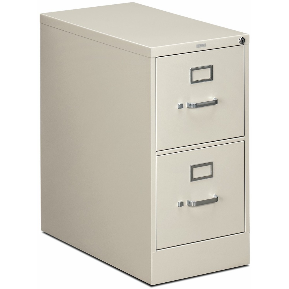 HON312PQ - Two-drawer, vertical filing cabinet features a 26-1/2" case depth, label holders and a One Key core-removable lock kit. High drawer sides accept letter-size hanging folders without the use of hangrails. Both drawers have thumb latches and three-part, telescoping, steel ball-bearing suspension. Spring-loaded, follower blocks keep files upright. Follower blocks have positive, slide-action positioning that is adjustable on 5/8" centers. Light gray vertical file has a baked enamel finish over rust-inhibiting, phosphate pretreatment. File is certified by SCS to be in compliance with specific, indoor, air-quality emission requirements and meets or exceeds applicable ANSI/BIFMA standards.