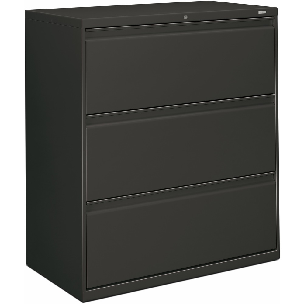 HON883LS - Three-drawer lateral file offers clean lines, reinforced case construction, 36" width, dual side locks for security, and full-width, designer-style handles. Baked enamel finish over rust-inhibiting, phosphate pretreatment adds more durability. Three-part, telescoping, ball-bearing suspension delivers smooth drawer operation. Drawers accommodate letter-size or legal-size folders from side-to-side with included adjustable hangrails. Drawers are flush at the top and sides and feature drawer-extension restraint. Mechanical interlock allows only one drawer to open at a time. Charcoal lateral file also offers four adjustable leveling guides for stabilizing and HON One Key interchangeable, core-removable lock. Lock mechanism secures both sides of drawers.