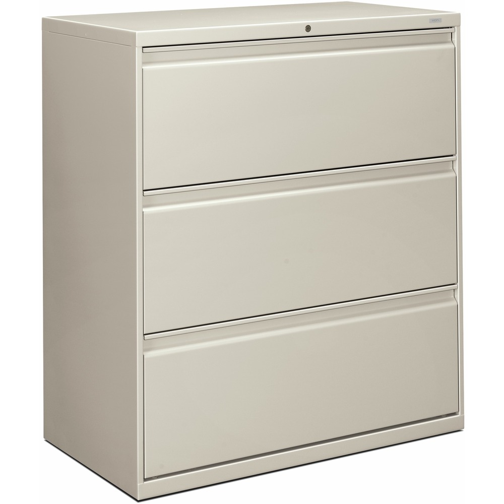 HON883LQ - Three-drawer lateral file offers clean lines, reinforced case construction, 36" width, dual side locks for security, and full-width, designer-style handles. Baked enamel finish over rust-inhibiting, phosphate pretreatment adds more durability. Three-part, telescoping, ball-bearing suspension delivers smooth drawer operation. Drawers accommodate letter-size or legal-size folders from side-to-side with included adjustable hangrails. Drawers are flush at the top and sides and feature drawer-extension restraint. Mechanical interlock allows only one drawer to open at a time. Light gray lateral file also offers four adjustable leveling guides for stabilizing and HON One Key interchangeable, core-removable lock. Lock mechanism secures both sides of drawers.