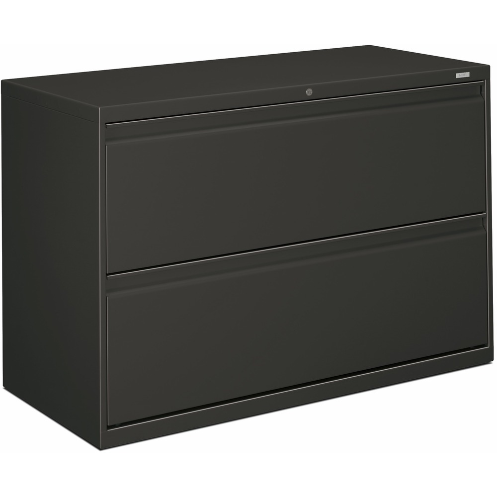 HON892LS - Two-drawer lateral file offers clean lines, reinforced case construction, 42" width, dual side locks for security, and full-width, designer-style handles. Baked enamel finish over rust-inhibiting, phosphate pretreatment adds more durability. Three-part, telescoping, ball-bearing suspension delivers smooth drawer operation. Drawers accommodate letter-size or legal-size folders from side-to-side with included adjustable hangrails. Drawers are flush at the top and sides and feature drawer-extension restraint. Mechanical interlock allows only one drawer to open at a time. Charcoal lateral file also offers four adjustable leveling guides for stabilizing and HON One Key interchangeable, core-removable lock. Lock mechanism secures both sides of drawers.