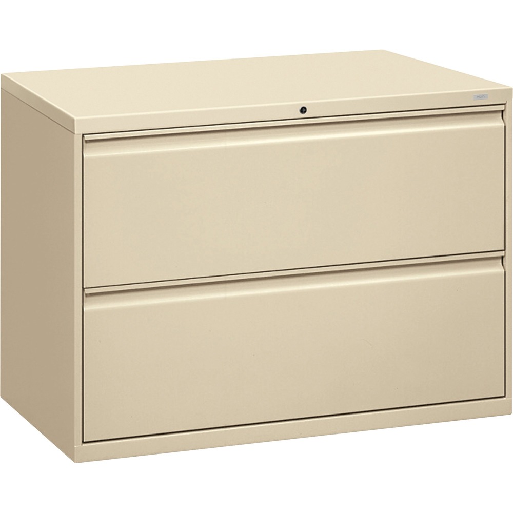 HON892LL - Two-drawer lateral file offers clean lines, reinforced case construction, 42" width, dual side locks for security, and full-width, designer-style handles. Baked enamel finish over rust-inhibiting, phosphate pretreatment adds more durability. Three-part, telescoping, ball-bearing suspension delivers smooth drawer operation. Drawers accommodate letter-size or legal-size folders from side-to-side with included adjustable hangrails. Drawers are flush at the top and sides and feature drawer-extension restraint. Mechanical interlock allows only one drawer to open at a time. Putty-colored lateral file also offers four adjustable leveling guides for stabilizing and HON One Key interchangeable, core-removable lock. Lock mechanism secures both sides of drawers.