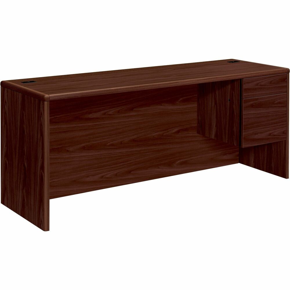 HON10745RNN - Right-pedestal credenza is part of HON 10700 Series Laminate Desking with an upscale contemporary design, stylish accent details and quality construction. Durable, 1-1/8" thick, solid-core, high-performance particleboard resists warping. Premium, high-pressure laminate surface resists water, scratches and most solvents. Design also features a single, 3/4-height pedestal with box and file drawers; a full-height modesty panel; user-friendly waterfall edges and rounded corners. Hangrails are provided in the file drawer for side-to-side letter-size and legal-size filing and front-to-back letter-size filing. Five-sided construction on the drawer allows easy drawer alignment. Credenza features two cord grommets in top and one cord, pass-through grommet in the top center of the modesty panel for easy cord management. Adjustable hex-leveling glides allow easily leveling without lifting the unit. Credenza is not designed to be used with modular or mobile pedestals.